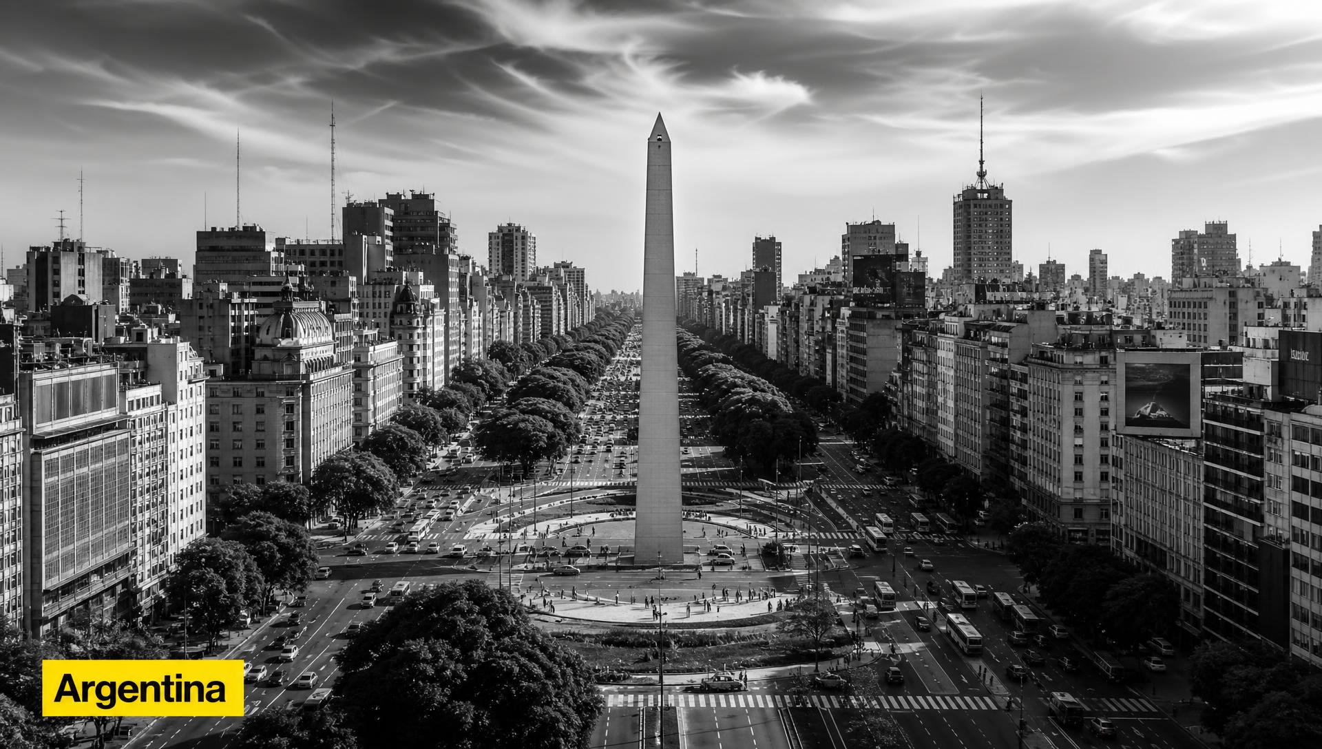 Portada editorial blanco y negro del Obelisco de Buenos Aires con tag amarillo "Argentina" — cómo elegir agencia de influencer marketing en Argentina