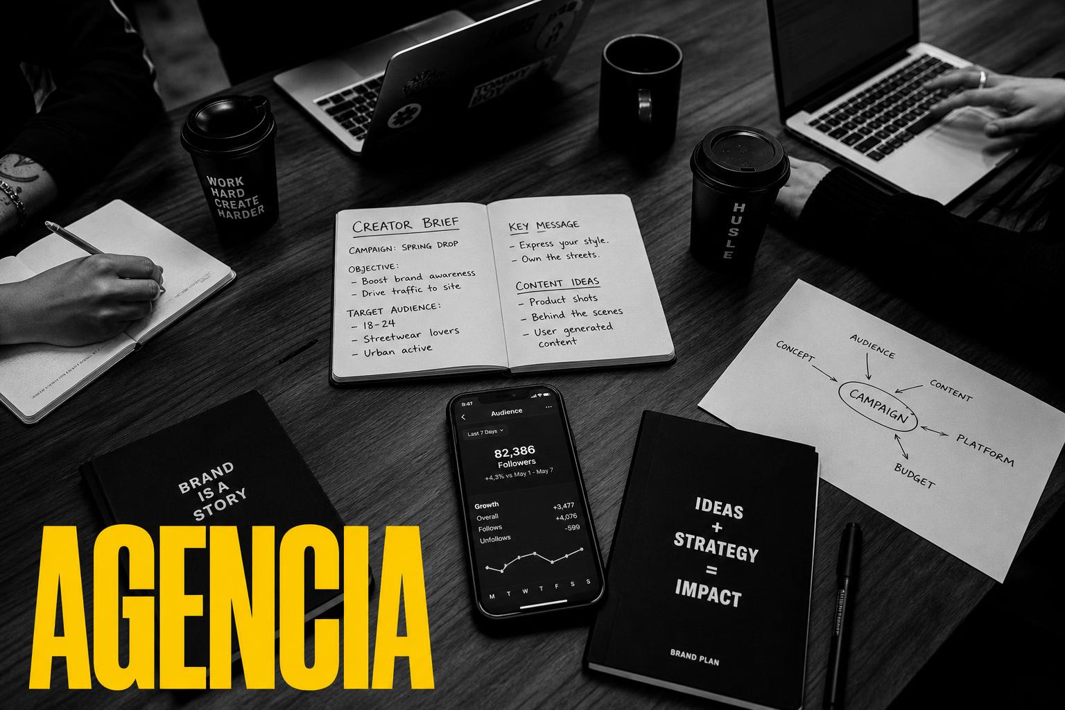 Portada editorial blanco y negro de un escritorio de agencia creativa con tipografía amarilla "Agencia" — qué hace realmente una agencia de marketing de influencers