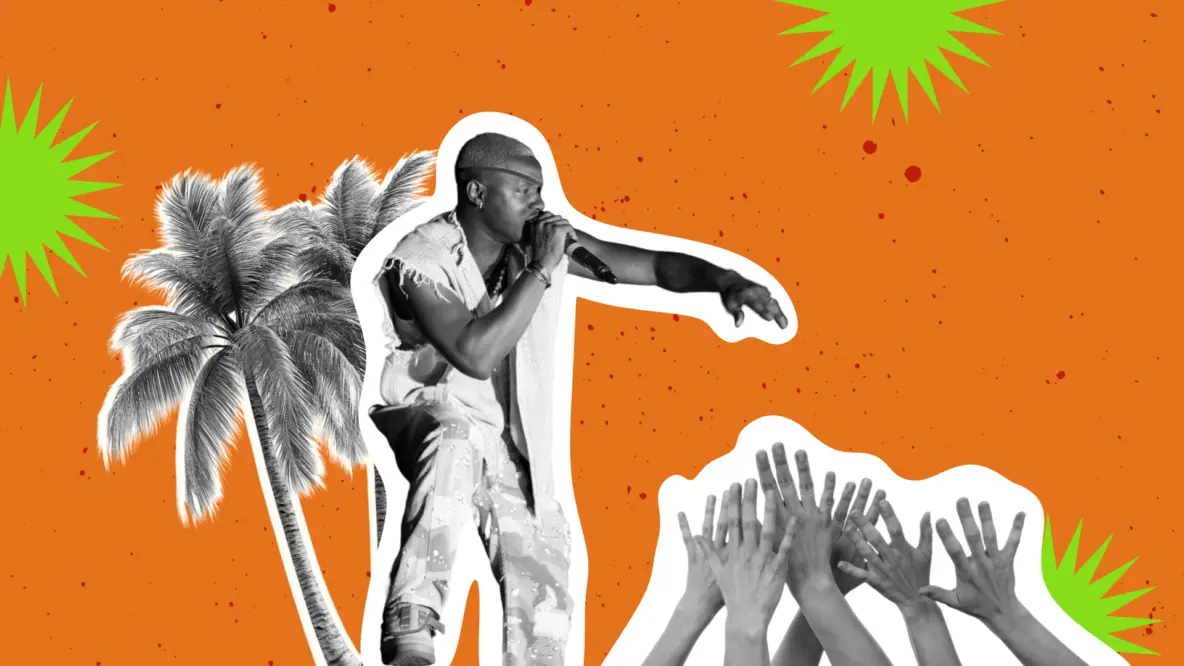 Caso de estudio de un festival en Punta Cana para spring breakers: collage con un artista en el micrófono, palmeras y las manos levantadas de la multitud — portada del artículo de Kseniia Petrina