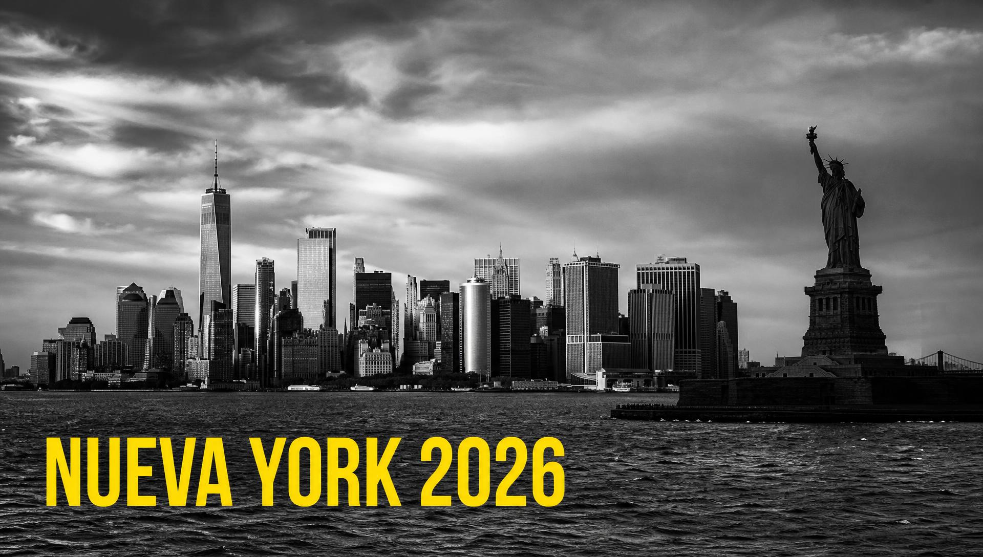 Portada editorial blanco y negro del skyline de Nueva York con la Estatua de la Libertad y tipografía amarilla "Nueva York 2026" — XXVI Cumbre Latinoamericana de Marketing Político