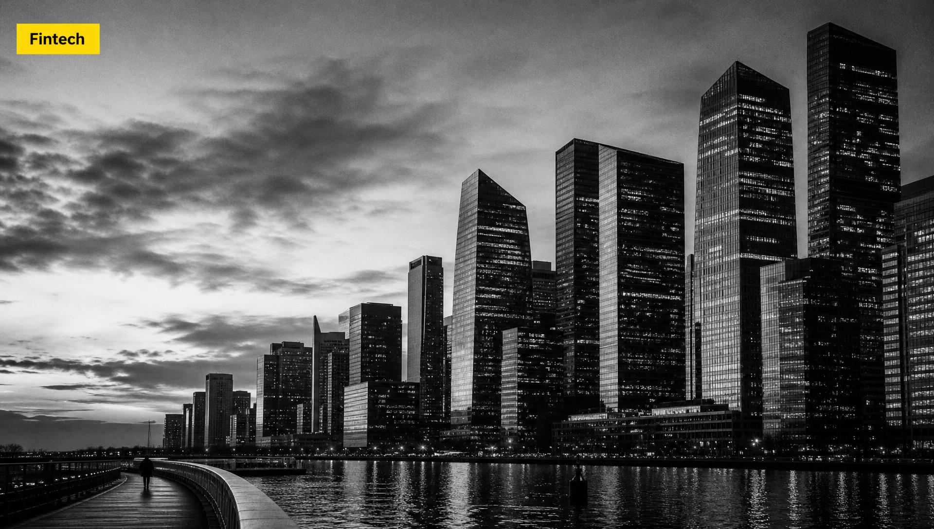 Portada editorial blanco y negro de un distrito financiero con rascacielos y tag amarillo "Fintech" — cuánto cuesta una campaña fintech con creadores en LATAM
