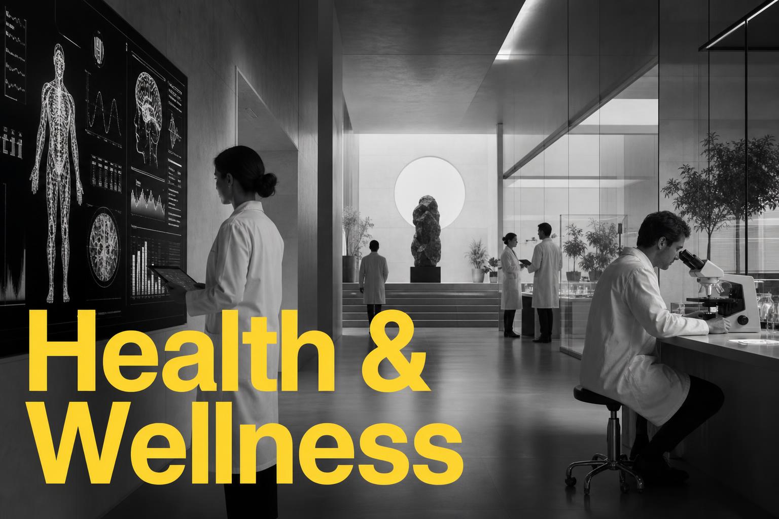 Portada editorial blanco y negro de un laboratorio de wellness moderno con tipografía amarilla "Health & Wellness" — análisis de inversiones recientes y su impacto en marketing