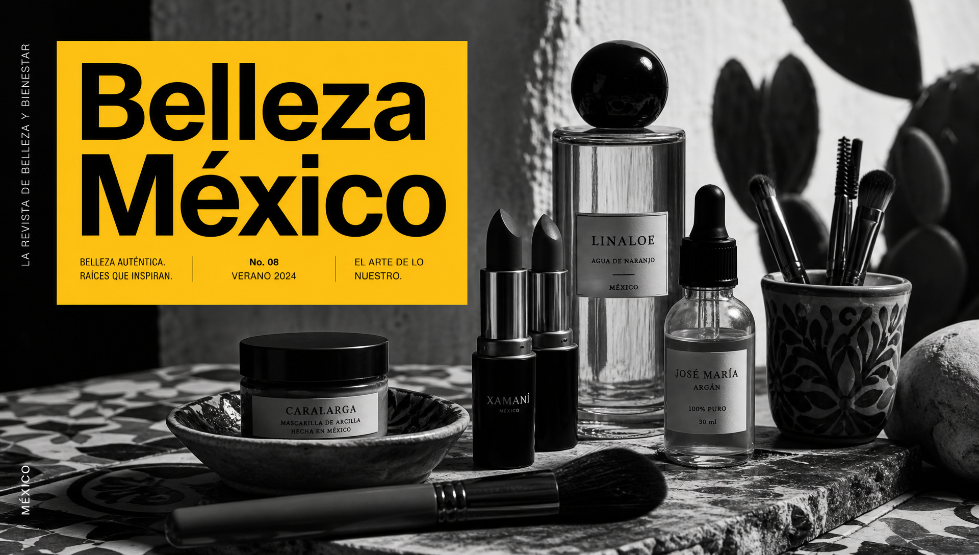 Portada editorial blanco y negro con still-life de productos de belleza mexicanos y tag amarillo "Belleza México" — tarifas de influencer marketing de belleza en México 2026