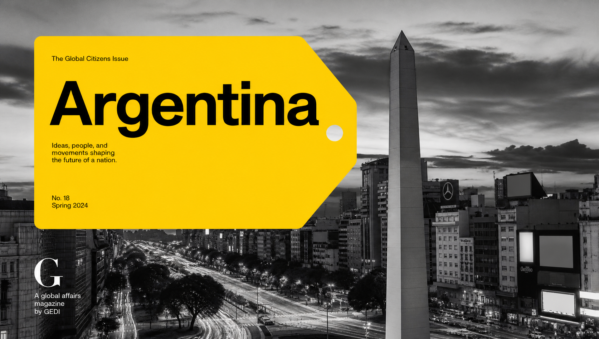 Portada editorial blanco y negro del Obelisco de Buenos Aires con tag amarillo "Argentina" — tarifas de influencer marketing en Argentina 2026