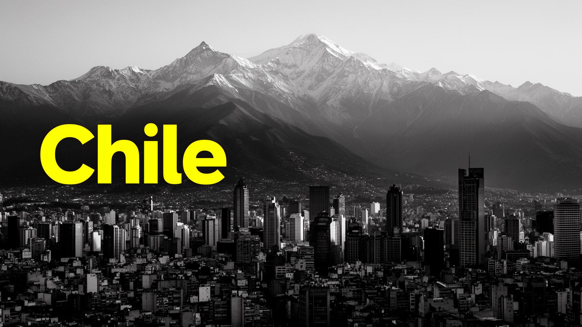 Portada editorial blanco y negro de Santiago de Chile con la cordillera de los Andes nevada y tipografía amarilla "Chile" — análisis del mercado chileno de influencer marketing