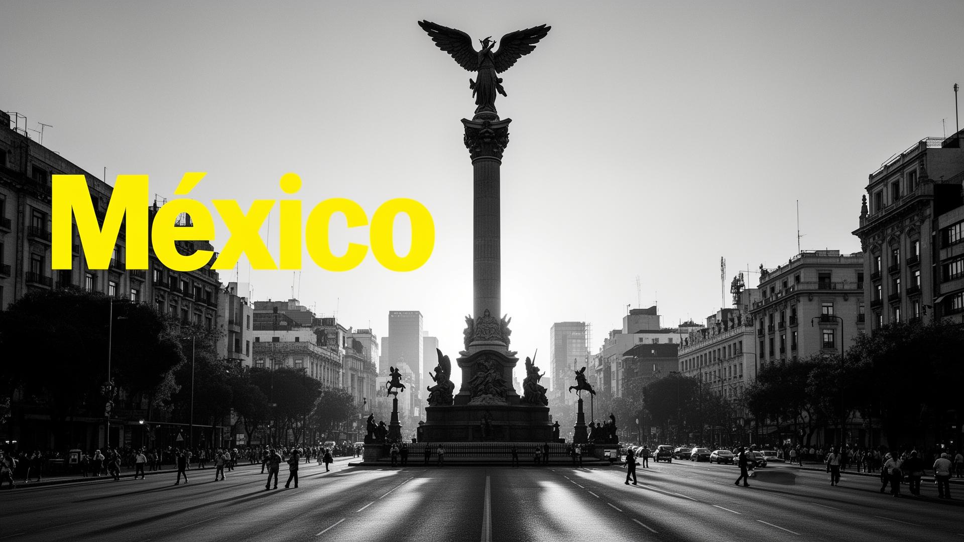 Portada editorial blanco y negro de Ciudad de México con el Ángel de la Independencia y tipografía amarilla "México" — análisis del mercado mexicano de influencer marketing