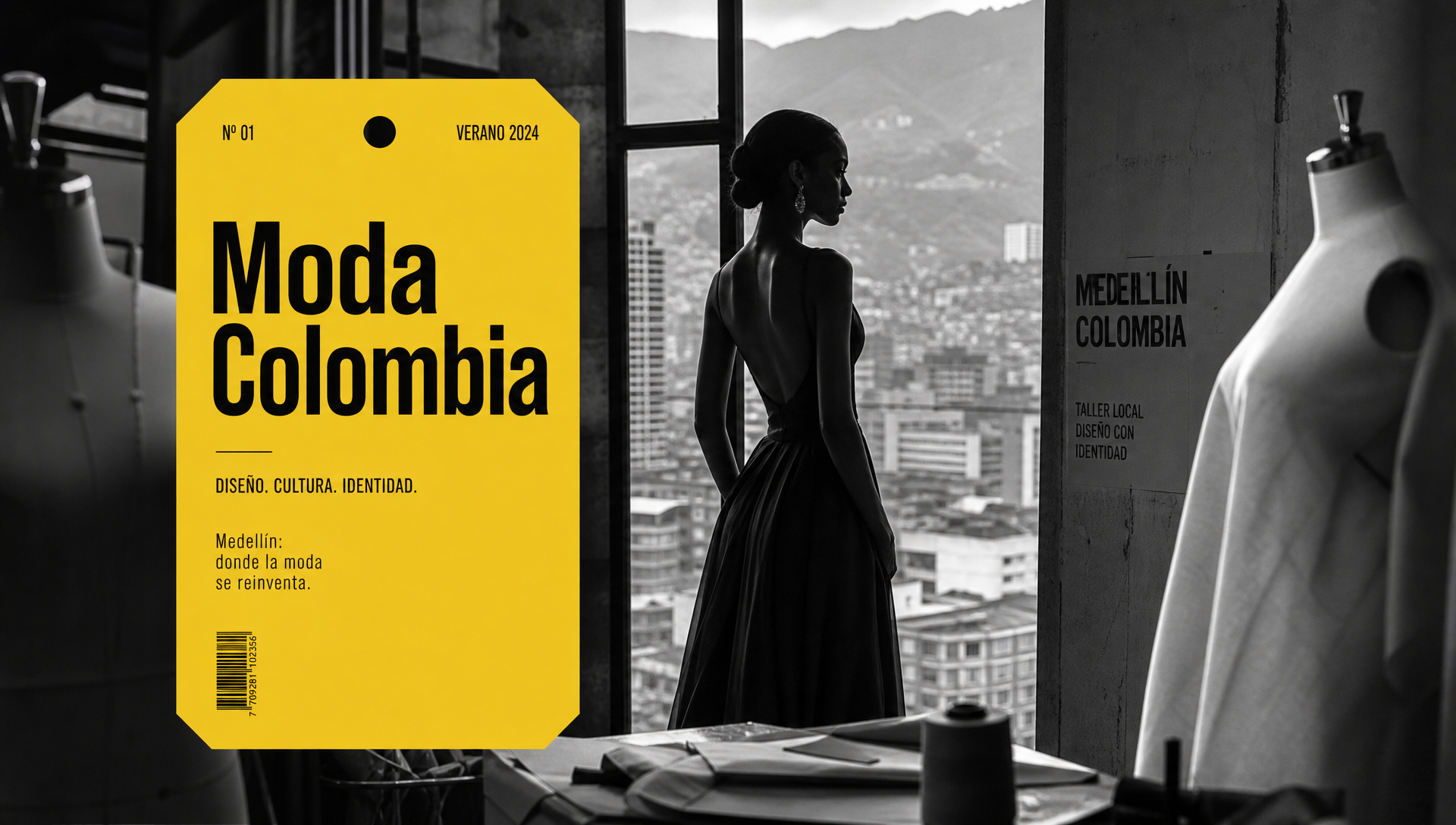 Portada editorial blanco y negro de una escena de moda en Medellín con tag amarillo "Moda Colombia" — tarifas de influencer marketing de moda en Colombia 2026