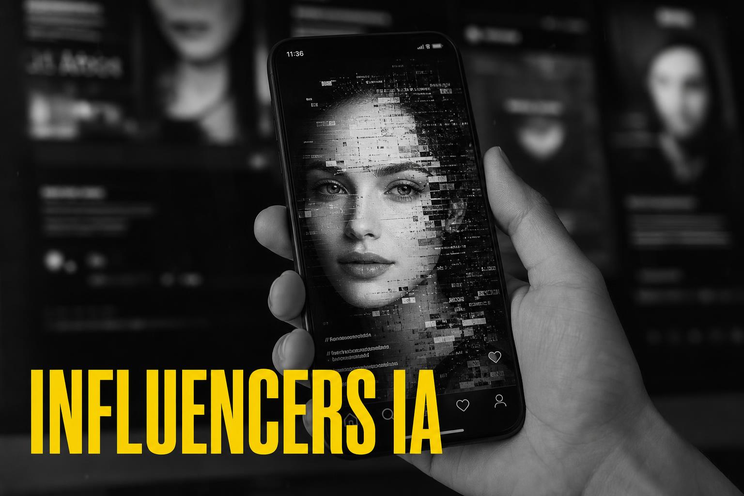 Portada editorial blanco y negro de un smartphone con un retrato generado por IA, tipografía amarilla "Influencers IA" — análisis sobre creadores virtuales