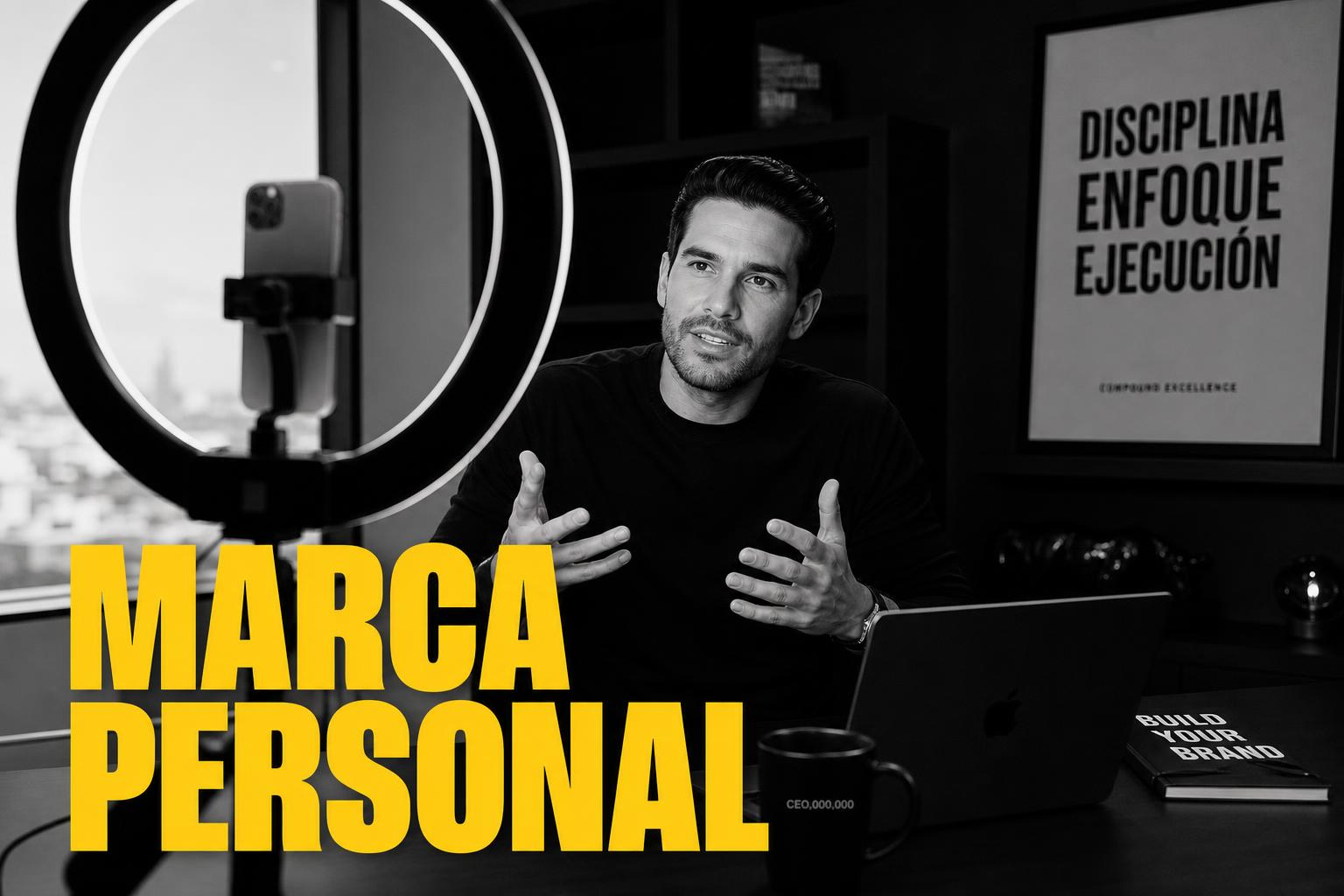 Portada editorial blanco y negro de un CEO grabando contenido frente a una luz de anillo, tipografía amarilla "Marca Personal" — marca personal ejecutiva para fundadores