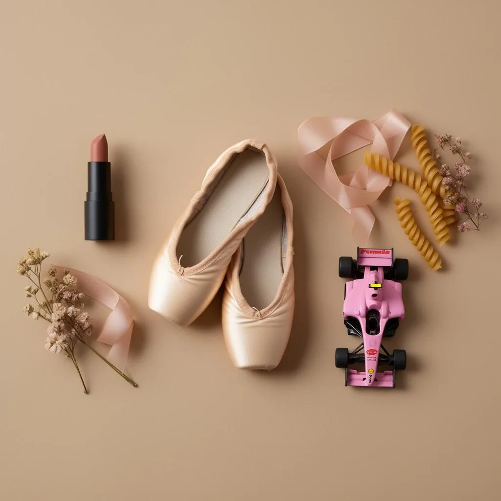 Collage editorial con labial mate, zapatillas de ballet, un Fórmula 1 rosa y pasta en espiral — portada del análisis semanal de marketing de Kseniia Petrina