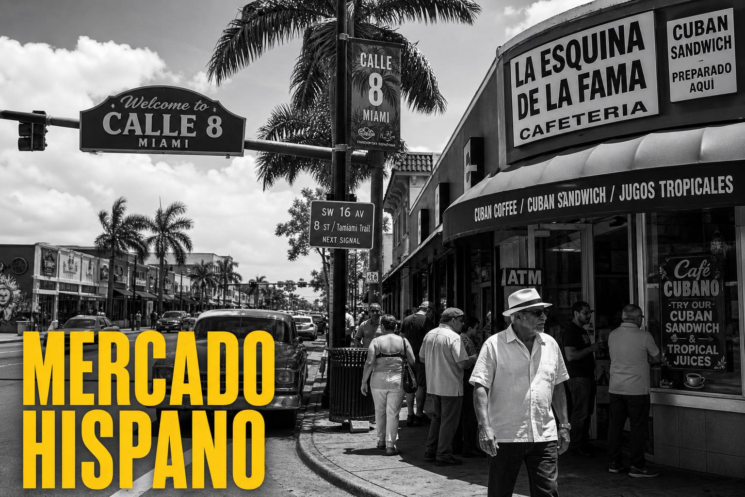 Portada editorial blanco y negro de Calle 8 en Miami con tipografía amarilla "Mercado Hispano" — marketing de influencers para audiencias hispanas en Estados Unidos