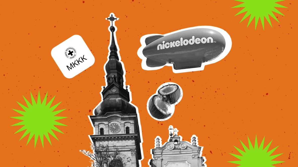 Caso de estudio de Nickelodeon Hotels en República Dominicana: collage con una iglesia, el logo de Nickelodeon y el emblema de la Cruz Roja — portada del artículo de Kseniia Petrina