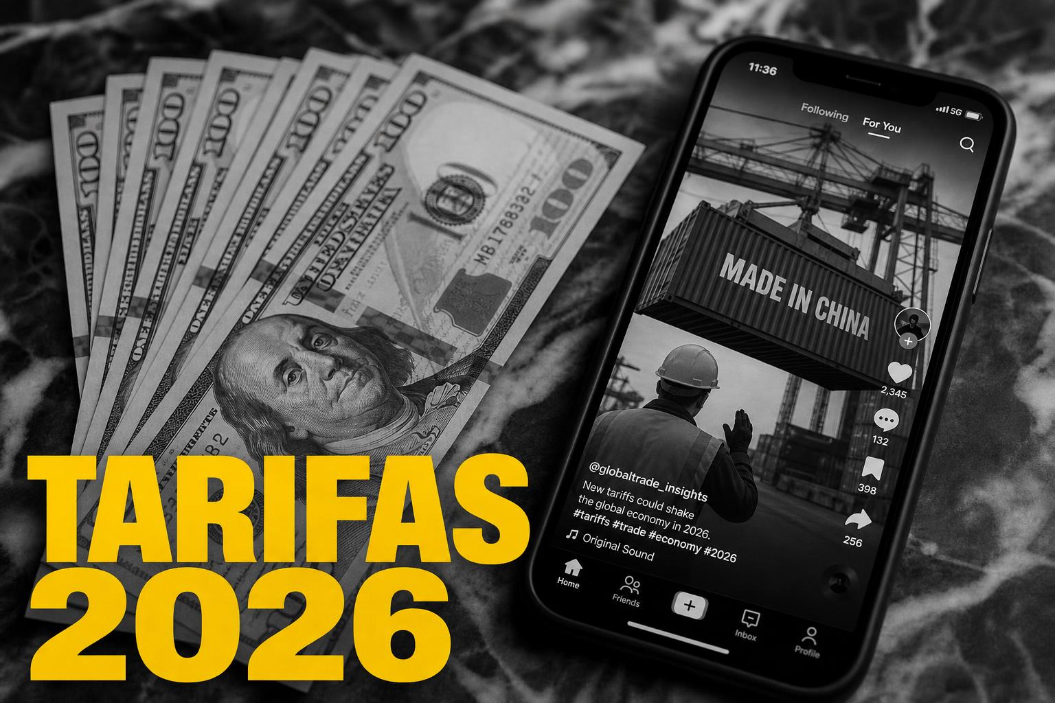 Portada editorial blanco y negro con billetes de dólar y un smartphone mostrando TikTok, tipografía amarilla "Tarifas 2026" — cuánto cuesta el marketing de influencers
