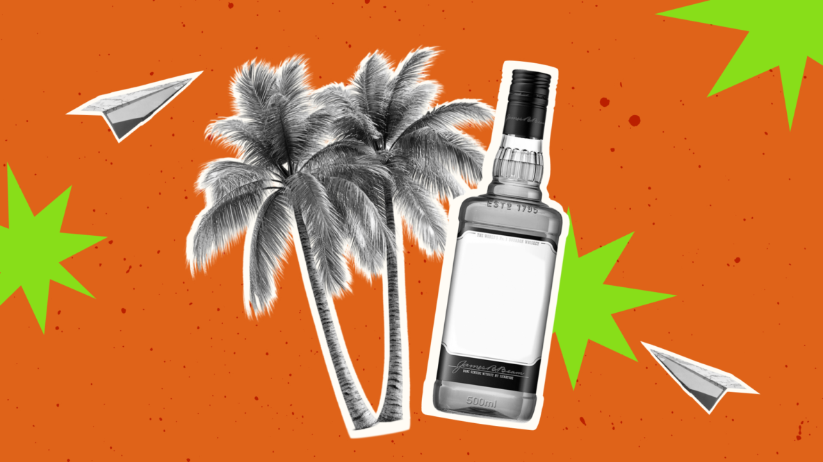 Caso de ventas de bourbon en el duty-free del aeropuerto de Punta Cana: collage con palmeras, una botella de whisky y aviones de papel — portada del artículo de Kseniia Petrina